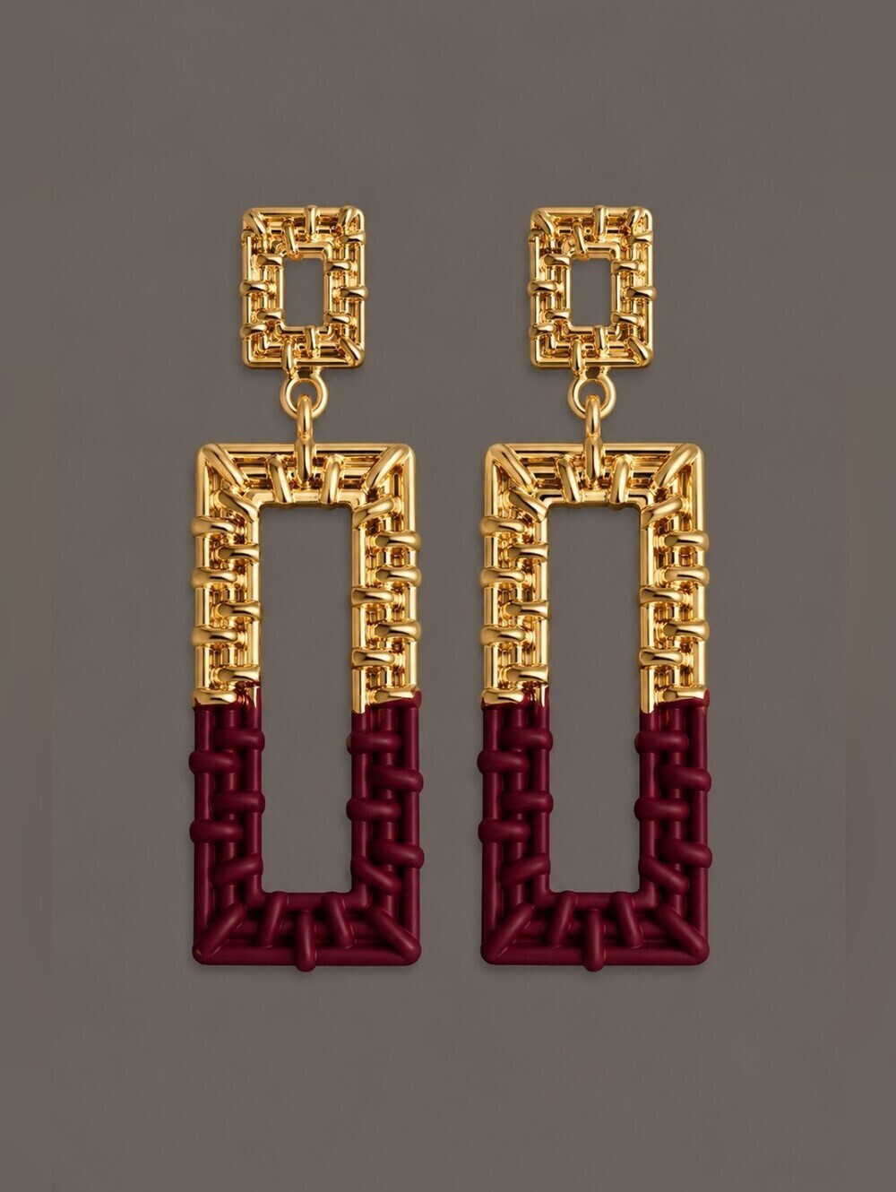 3/$30 CATO Gold and Wine Rectangular Geometric Contemporary Drop Earrings
